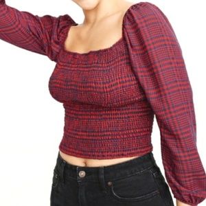 Abercrombie Fitch Women Shirt Blouse Top Navy Blue Red Plaid XS Puff Smock